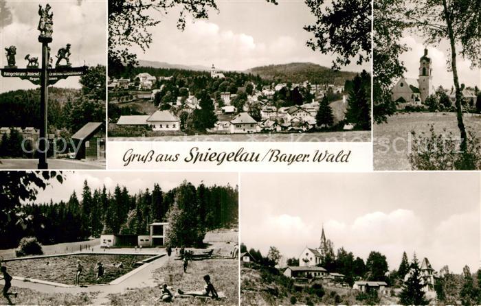 Spiegelau Erholungsort im Bayerischen Wald Wegweiser Kirche Freibad