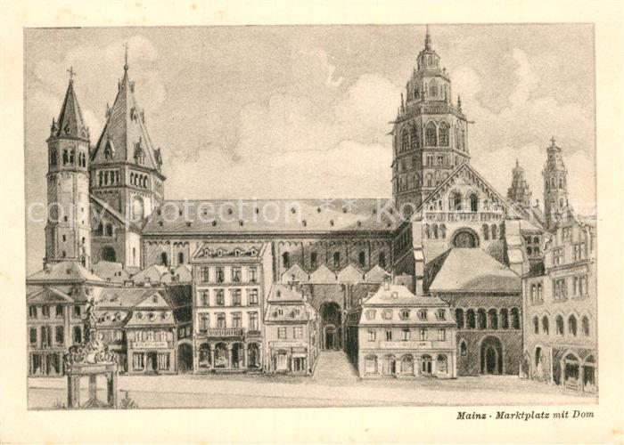 Mainz Rhein Marktplatz mit Dom Kuenstlerkarte