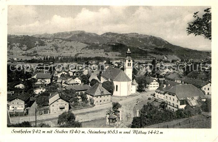 Sonthofen Oberallgaeu Ortsansicht mit Kirche mit Stuiben Steineberg und Mittag A