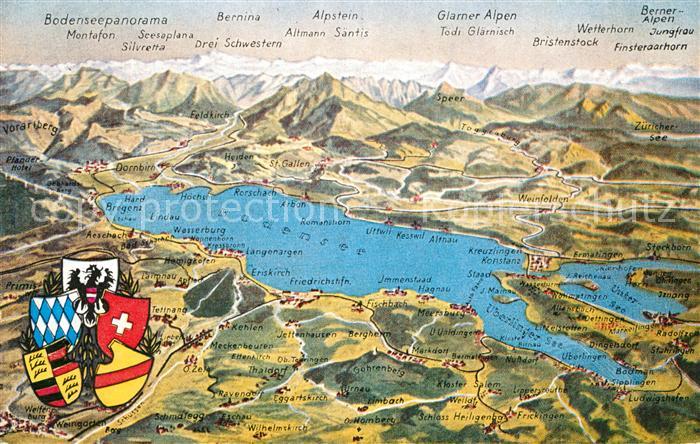 Bodensee Bodenseepanorama und Umgebung Alpen aus der Vogelperspektive Wappen