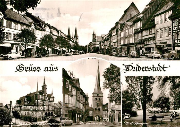 Duderstadt Haeuserpartie Innenstadt Rathaus Fachwerkhaus Mariensaeule Westerturm