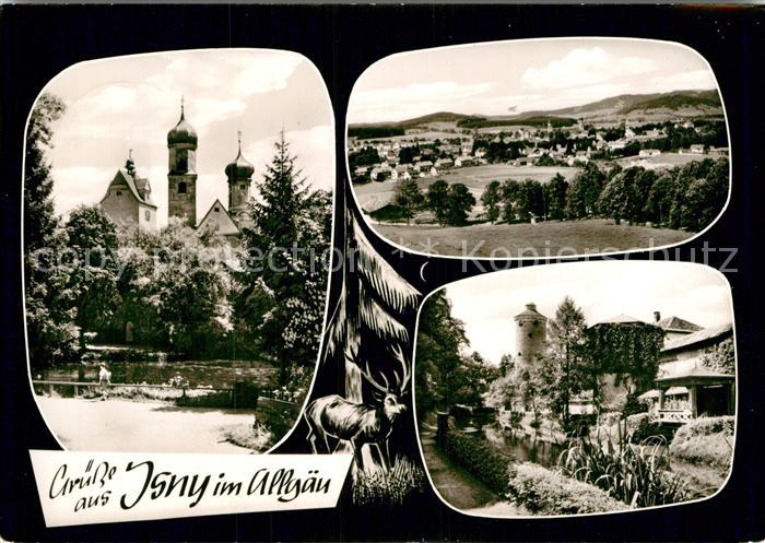 Isny Allgaeu Partie am Bach Kirche Turm Landschaftspanorama