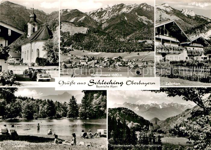 Schleching Gesamtansicht mit Kampenwand Bayerische Alpen Kirche Zellersee Streic