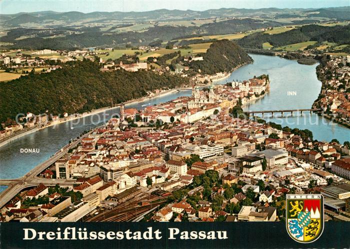 Passau Dreifluessestadt Muendung Inn Ilz Donau Fliegeraufnahme Wappen