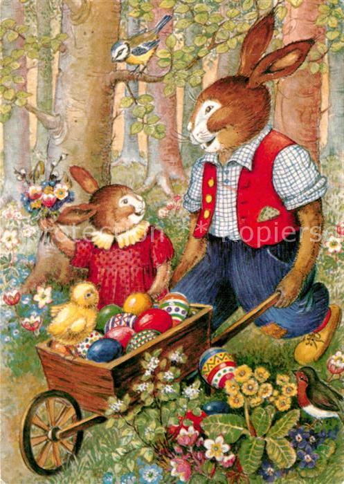 Vermenschlicht Hase Kuenstlerkarte Almuth Ekstroem Der Osterhase kommt