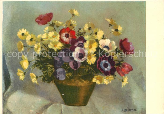 Kuenstlerkarte Y. Dujardin Gelbe Margeriten und Anemonen