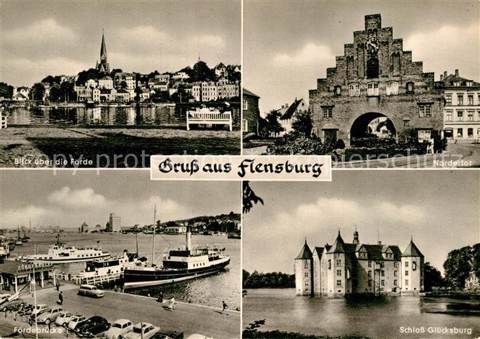 Flensburg Blick ueber die Foerde Nordertor Foerderbruecke Schloss Gluecksburg