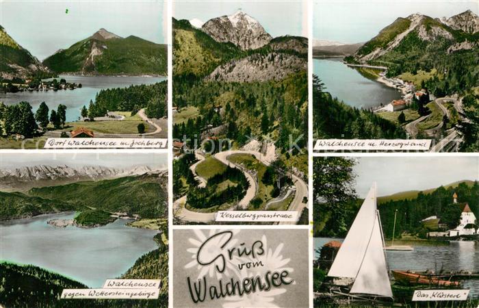 Walchensee Seepartien mit Jochberg Wettersteingebirge Kesselbergpasstrasse Kloes