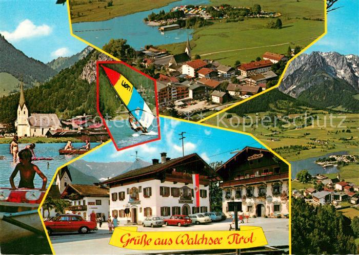 Walchsee Tirol Marktplatz Kirche Alpen Fliegeraufnahme Wassersport Windsurfen