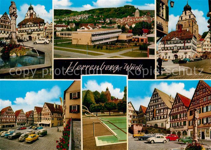 Herrenberg Wuerttemberg Brunnen Marktplatz Stadtblick Rathaus Schwimmbad