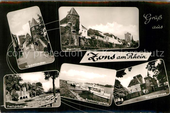 Zons Rhein NRW Wachtuermchen Rheinfront Freilichtbuehne Bootsanlegestelle