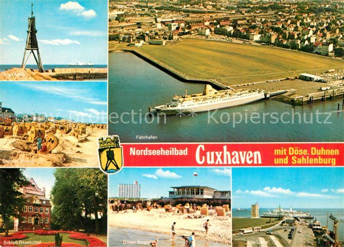Cuxhaven Duhnen Nordseebad Fliegeraufnahme Faehrhafen Kugelbarke Strand Schloss