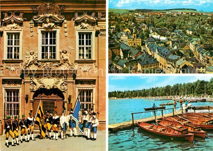 Schneeberg Erzgebirge Rathaus Trachtengruppe Stadtblick Bootssteg