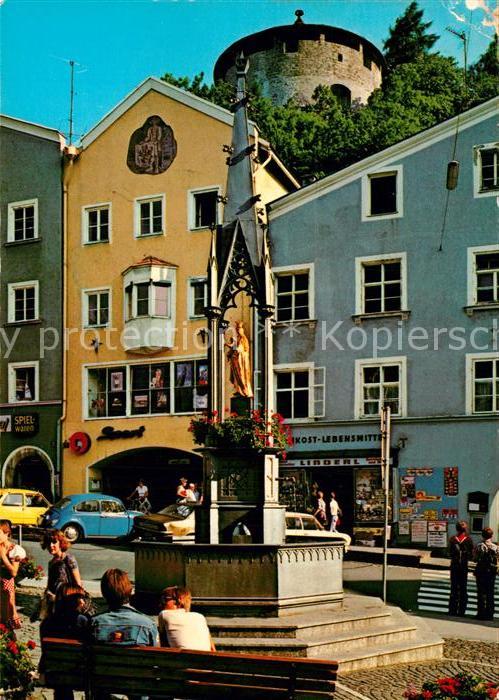 Kufstein Tirol Unterer Stadtplatz Marienbrunnen mit Kaiserturm mit Heldenorgel