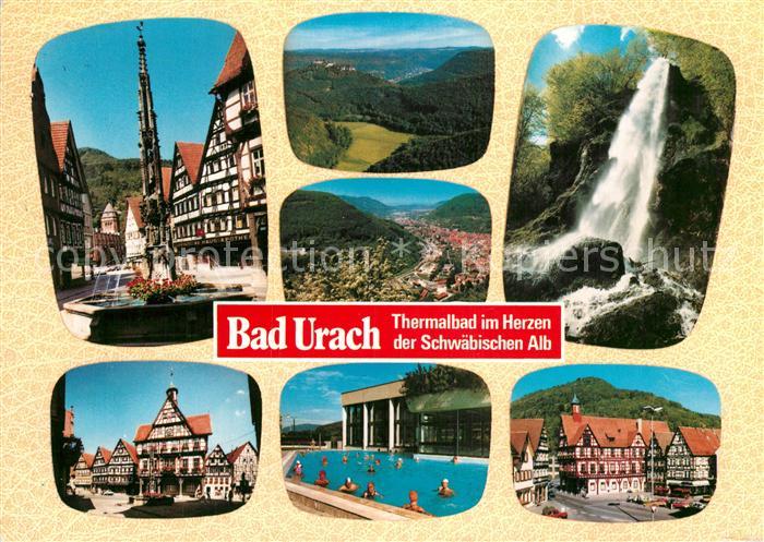 Bad Urach Thermalbad Marktbrunnen Panorama Wasserfall Fachwerkhaeuser Schwimmbad