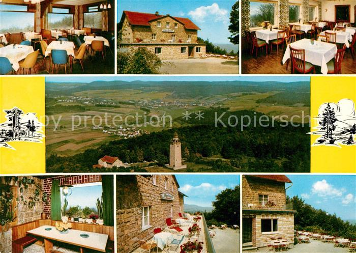 Arnshausen Wittelsbacher Jubilaeumsturm Hoehengaststaette mit Terrasse Saaletal