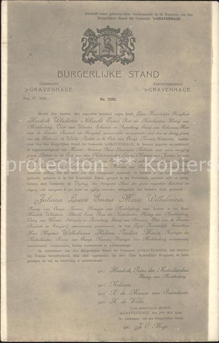 Adel Niederlande Geburtsurkunde Prinzessin Juliana Burgerlijke Stand