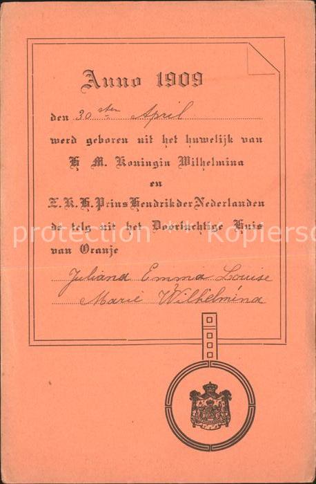 Adel Niederlande Geburtsurkunde Prinzessin Juliana
