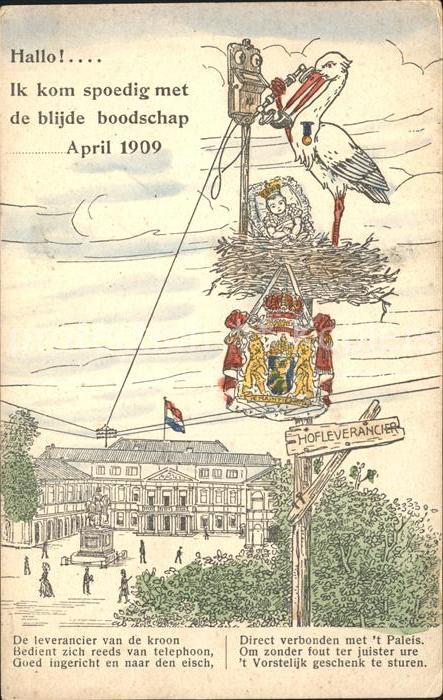 Adel Niederlande Baby Geburt Storch Strommast Telefon Geburt Prinzessin Juliana