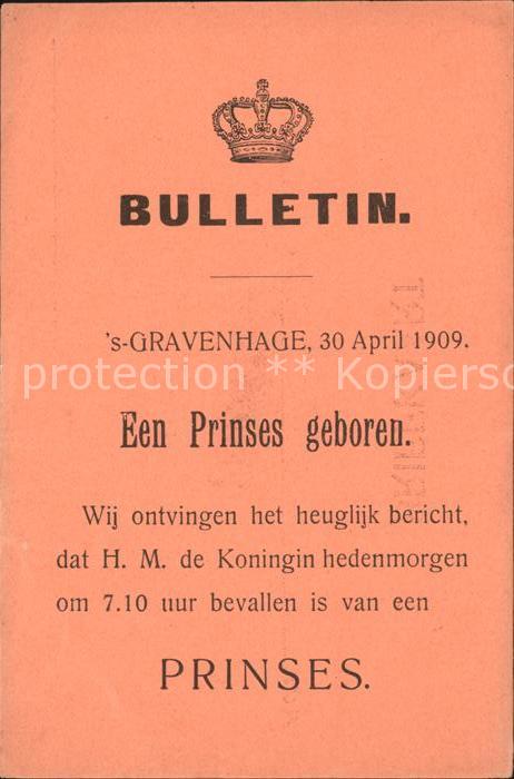 Adel Niederlande Bulletin Geburt Prinzessin Juliana s-Gravenhage