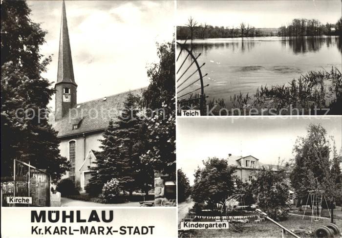 Muehlau Chemnitz Kirche Teich Kindergarten