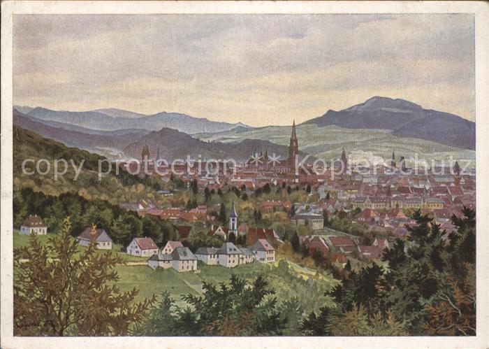 Freiburg Breisgau Panorama mit Muenster Kuenstlerkarte
