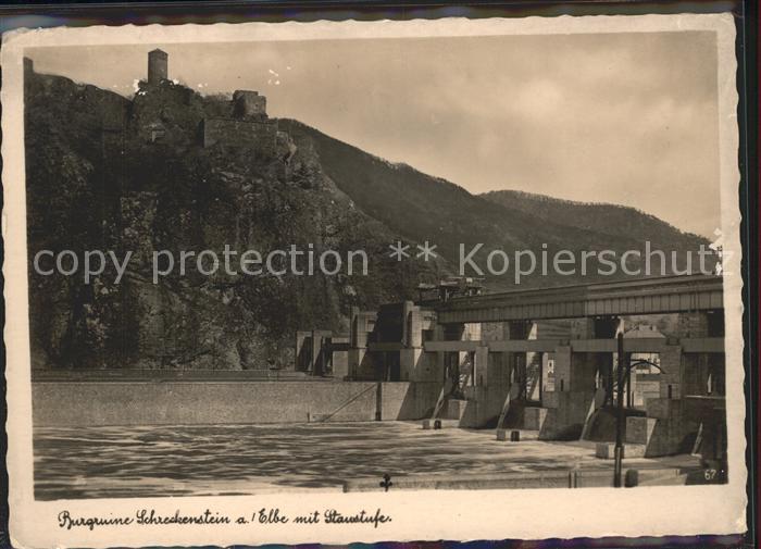 Schreckenstein Burg Strekov Burgruine mit Elbe Staustufe