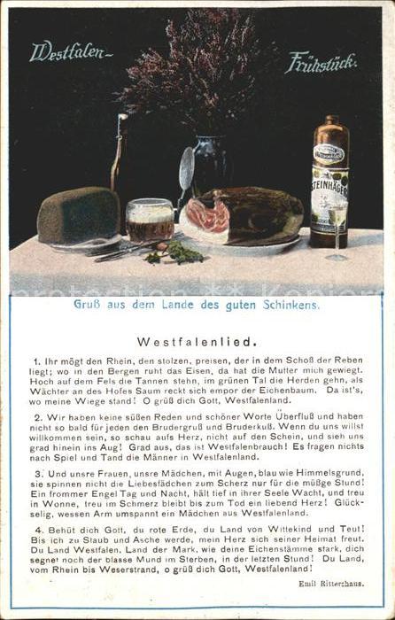 Liederkarte Westfalenlied Westfalen-Fruehstueck Schinken Alkohol Steinhaeger