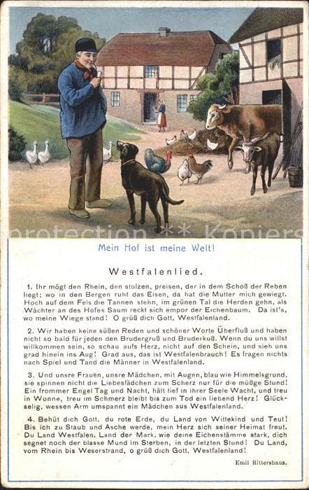 Liederkarte Westfalenlied Emil Rittershaus Bauernhof Huehner Kuh Kalb Hund
