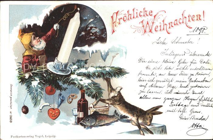 Zwerge Dwarfs Nains Weihnachten Kerze Fisch Kaninchen Wein Litho