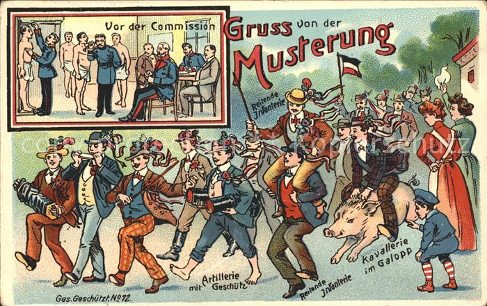 Musterung Humor Artillerie mit Geschuetz Reitende Infanterie Kavallerie Schwein