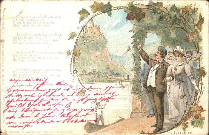 Kuenstlerkarte C. Sutter Gedicht Rhein Wein Trauben Weinreben Litho