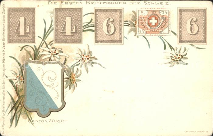 Briefmarken auf Postkarte Ersten Briefmarken Schweiz Wappen Edelweiss