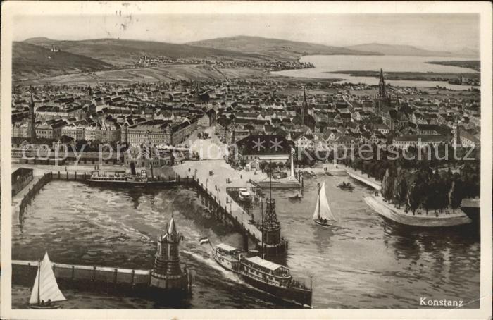 Konstanz Bodensee Hafeneinfahrt Schiffe Panorama Fliegeraufnahme