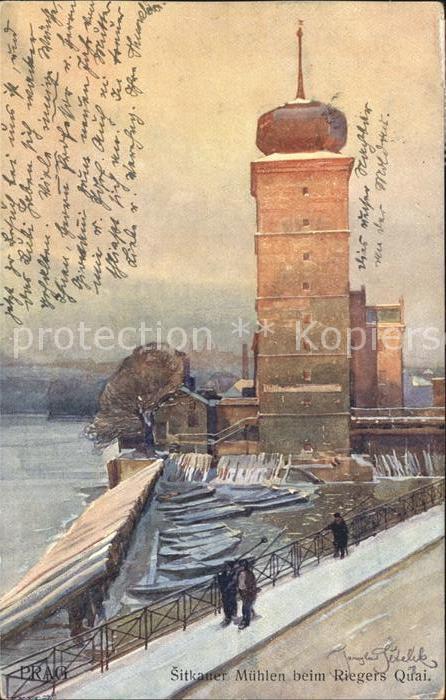 Prag Prahy Prague Sitkauer Muehlen beim Riegers Quai Kuenstlerkarte Jedlicka