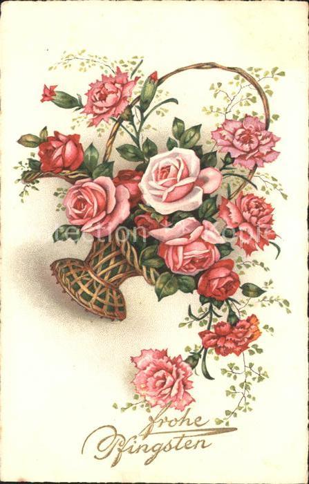 Pfingsten Pentecost Pentecote Rosen Korb Litho