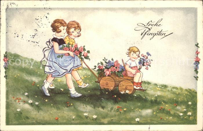 Pfingsten Pentecost Pentecote Kinder Blumen Holzwagen