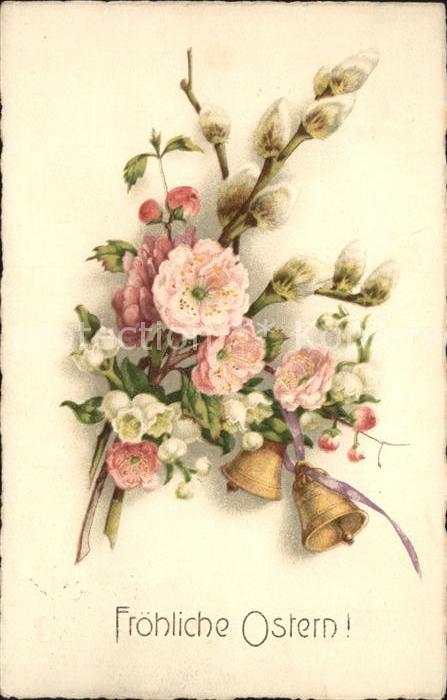 Ostern Easter Paques Glocken Weidenkaetzchen Blueten Litho