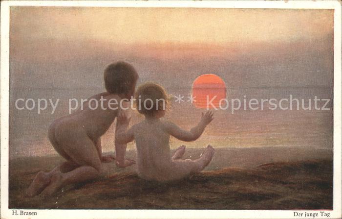 Verlag Primus Nr. 5142 H. Brasen Der junge Tag Kinder Strand Sonnenuntergang