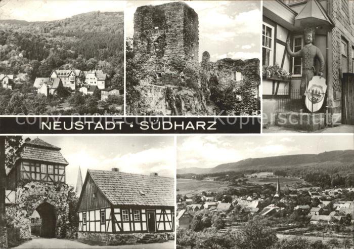 Neustadt Harz Teilansicht Ruine Statue Stadttor Panorama