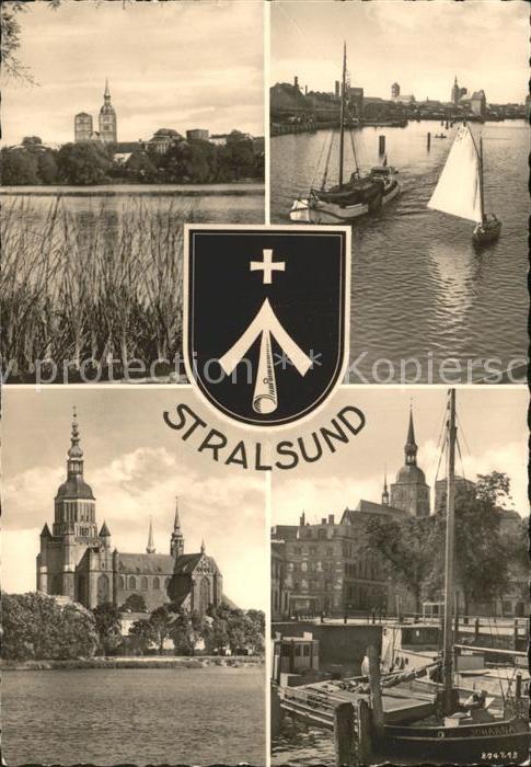 Stralsund Mecklenburg Vorpommern Teilansicht Kirche Schiffe Fischereihafen