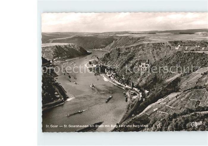 St Goar mit St Goarshausen am Rhein mit Burg Katz und Burg Maus Fliegeraufnahme