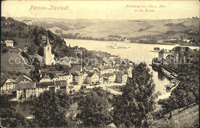 PAssAU Bayern Panorama Ilzstadt Muendung von Ilz und Inn in die Donau
