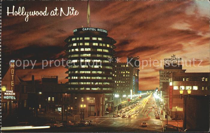 Hollywood California at Night Vine Street Capitol Records Building