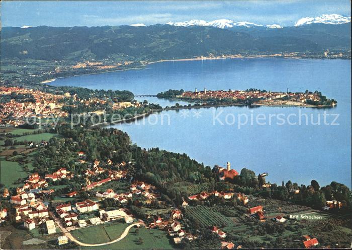 Lindau Bodensee mit Bad Schachen Alpenpanorama Fliegeraufnahme