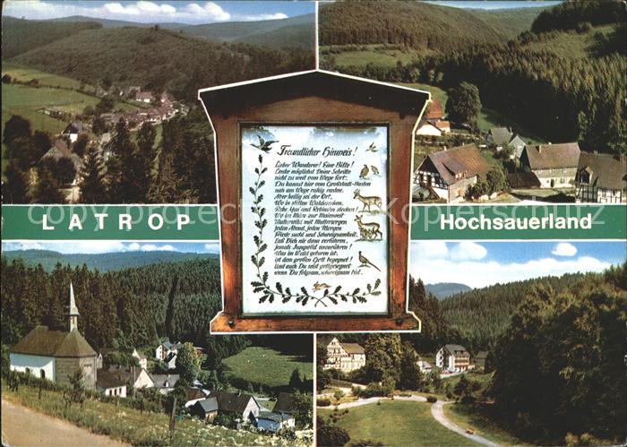 Latrop Sauerland Ortsansicht mit Kirche Gasthof Pension Hinweistafel Wanderer