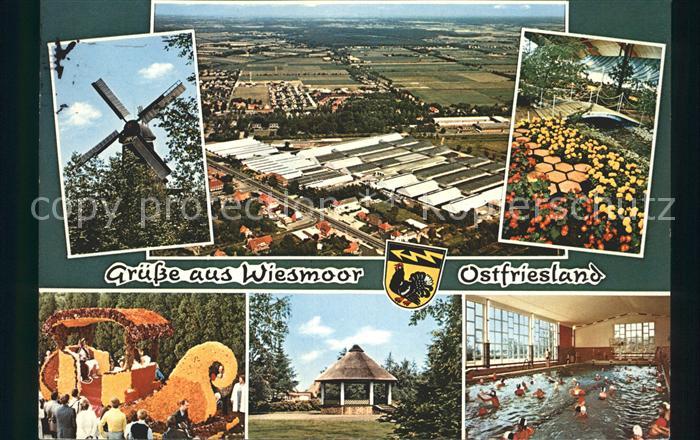 Wiesmoor Windmuehle Fliegeraufnahme Blumenwagen Pavillon Hallenbad