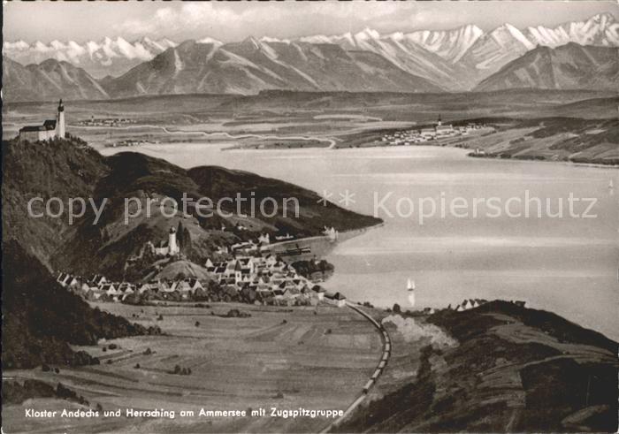 Andechs Kloster Andechs und Herrsching am Ammersee mit Zugspitzgruppe