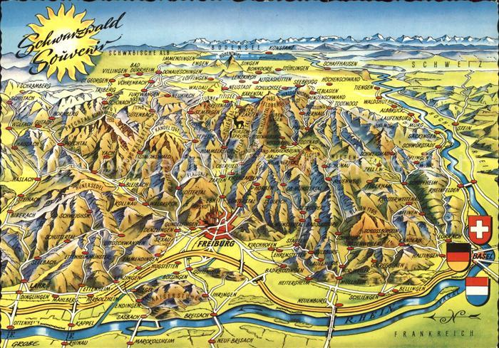 Schwarzwald Panoramkarte um Freiburg mit Rhein und