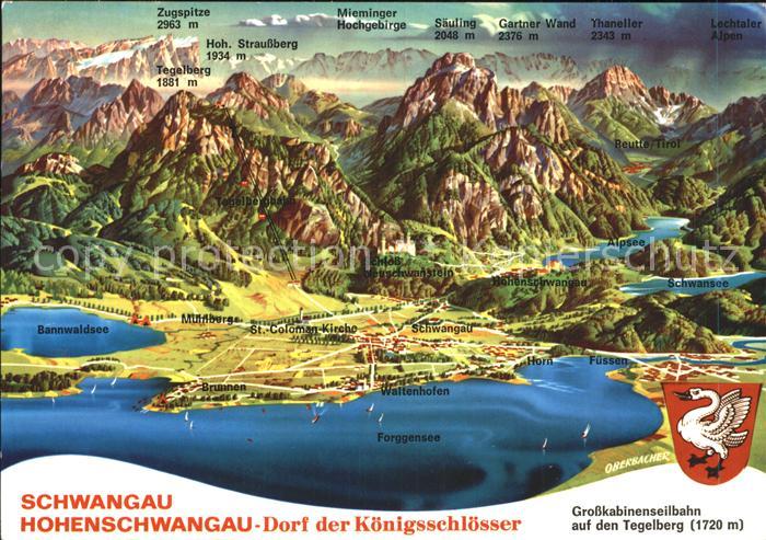 Schwangau Panoramkarte mit Koenigsschloessern